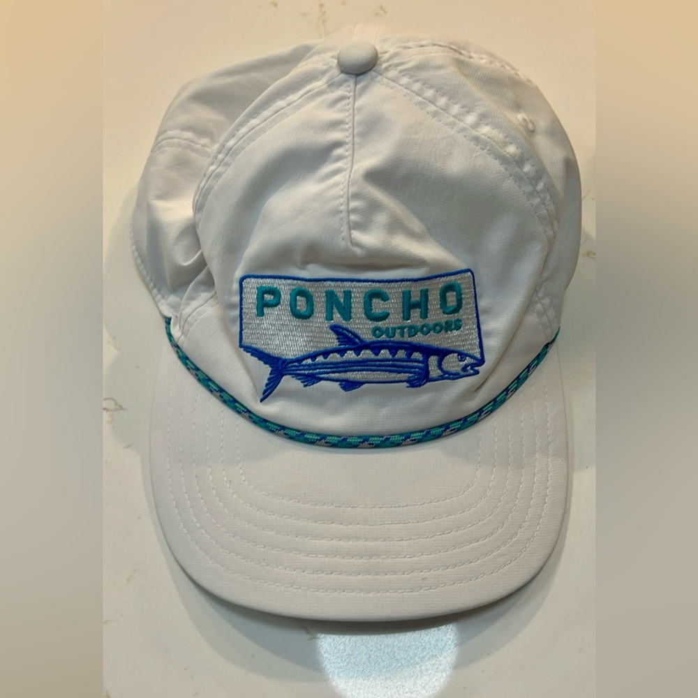 Poncho Outdoors White Cap with Blue Fish Design